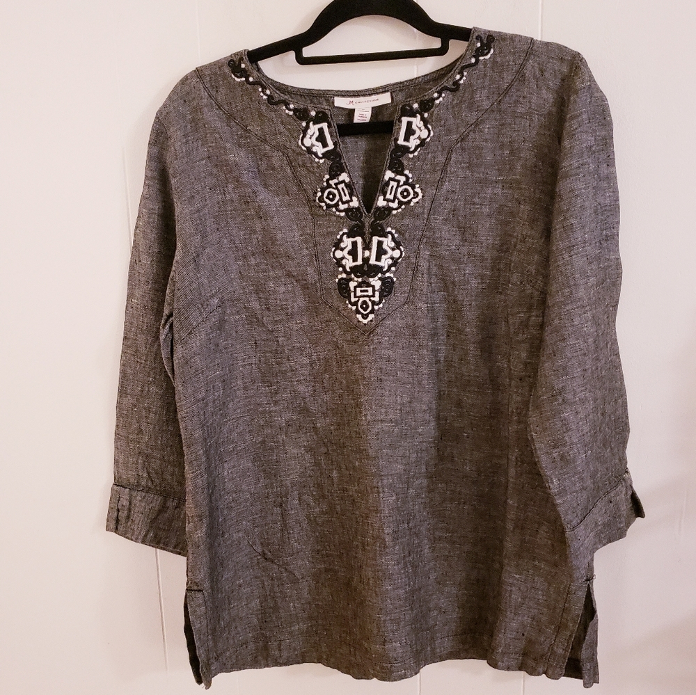 JM Collection Women Tunic Top Size 14 100% Linen Black Chambray VNeck Boho, 3/4 